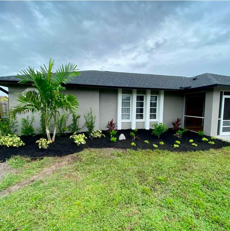 Single-story house with a mulched planting bed, lawn, and palm tree.