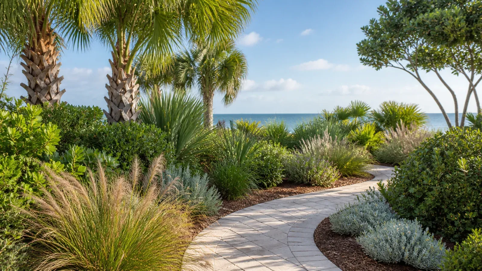 Coastal garden with palms, layered planting, a curving path, and the Gulf in the distance