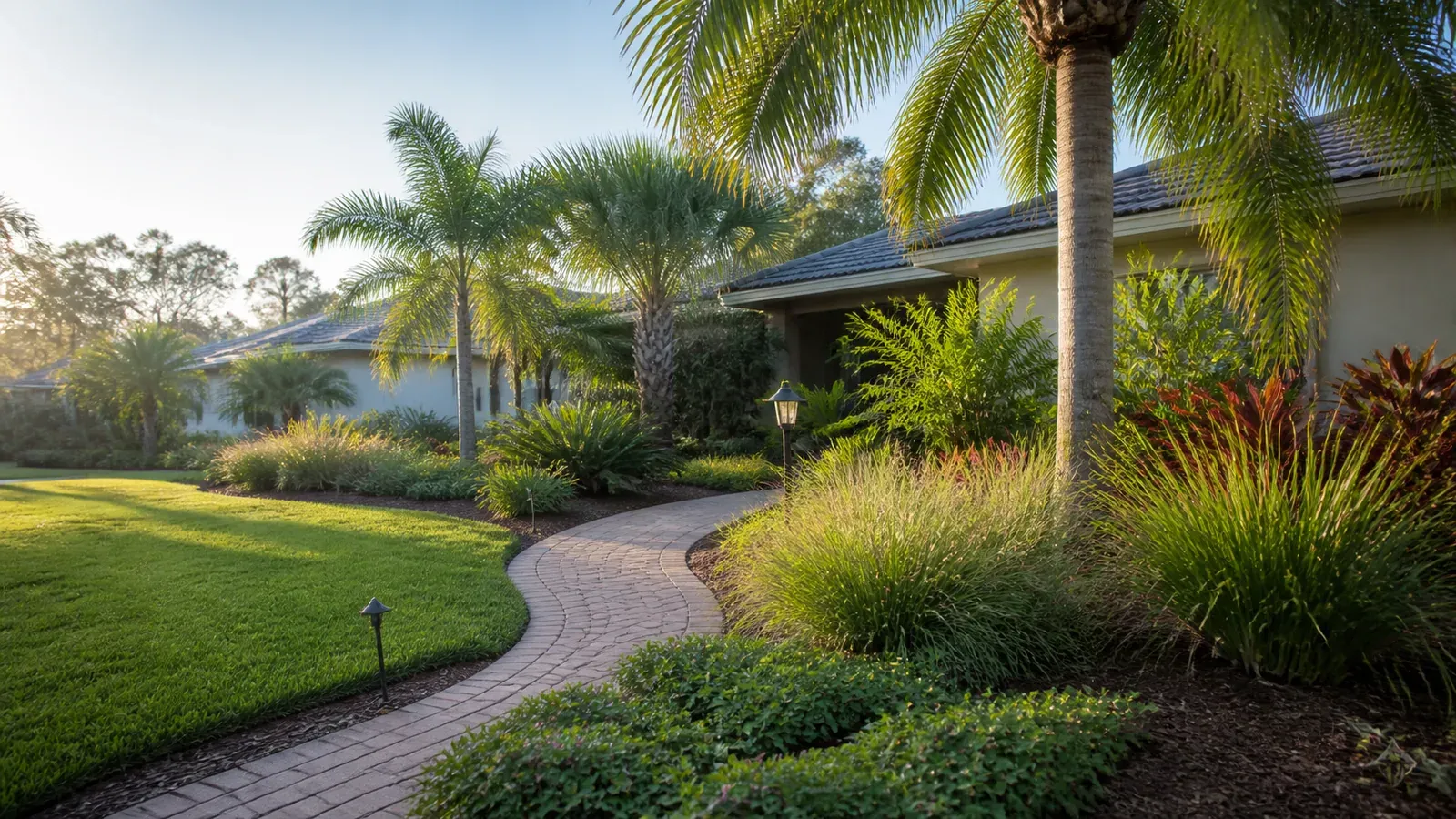 Layered Southwest Florida garden with palms, grasses, groundcover, turf, and a curving path