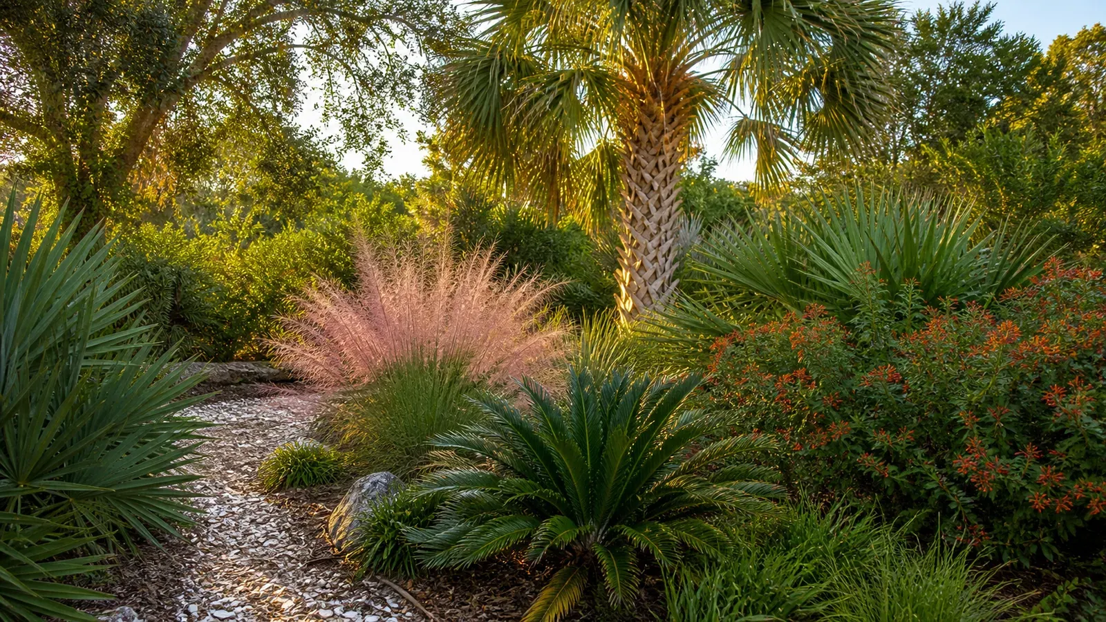 Florida garden with a palm, pink ornamental grass, cycads, and red-orange flowering shrubs