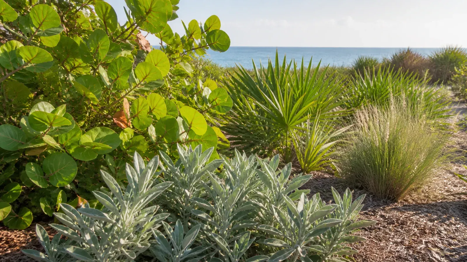 Coastal planting bed with broad-leaf shrubs, palmetto forms, silver foliage, and grasses